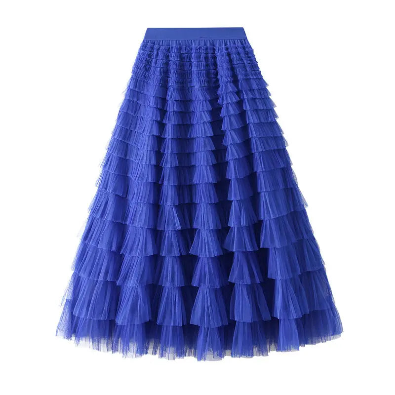 A-Line Mesh Ruffle Skirt Women's Temperament Sweet Long Skirt Slim Cupcake Dress Womens Clothing hercurva