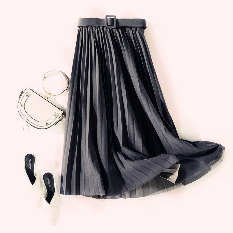 Solid Color Simple Organ Pleated Skirt Mid-length Skirt hercurva