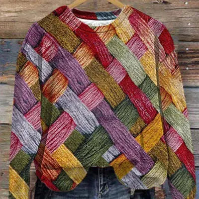 Printed Patchwork Round Neck Raglan Long Sleeve Women's Sweater hercurva