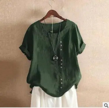 Retro Plus Size Casual Loose Cotton And Linen Short-sleeved Pullover T-shirt hercurva