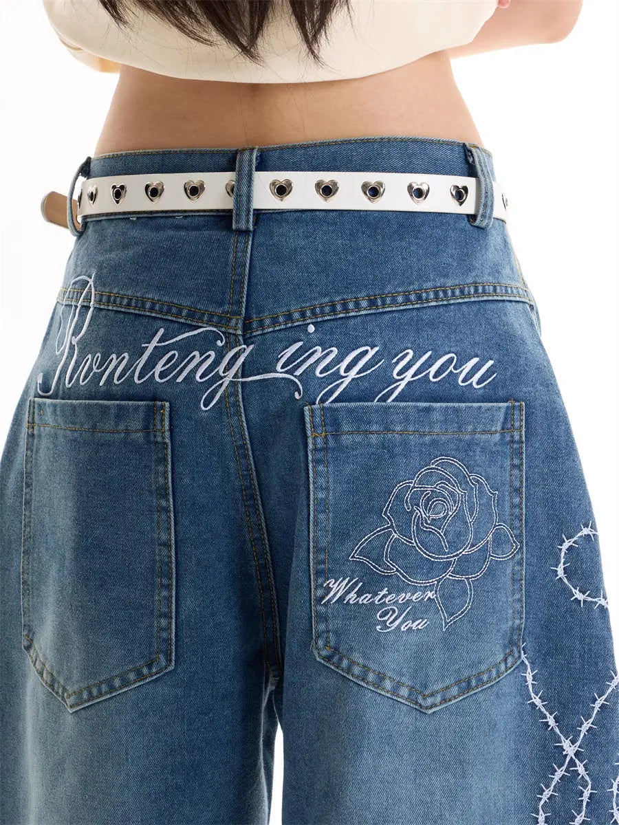 American Retro Hot Girl Embroidered Machete Jeans hercurva