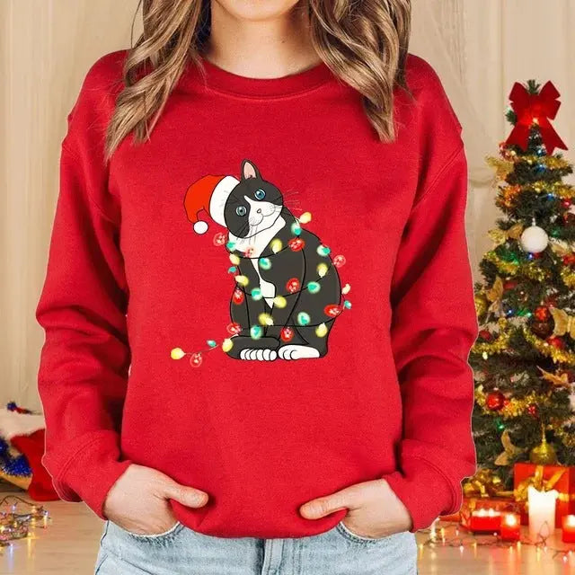 Lady Christmas Cat Round Neck Sweater Long Sleeve hercurva
