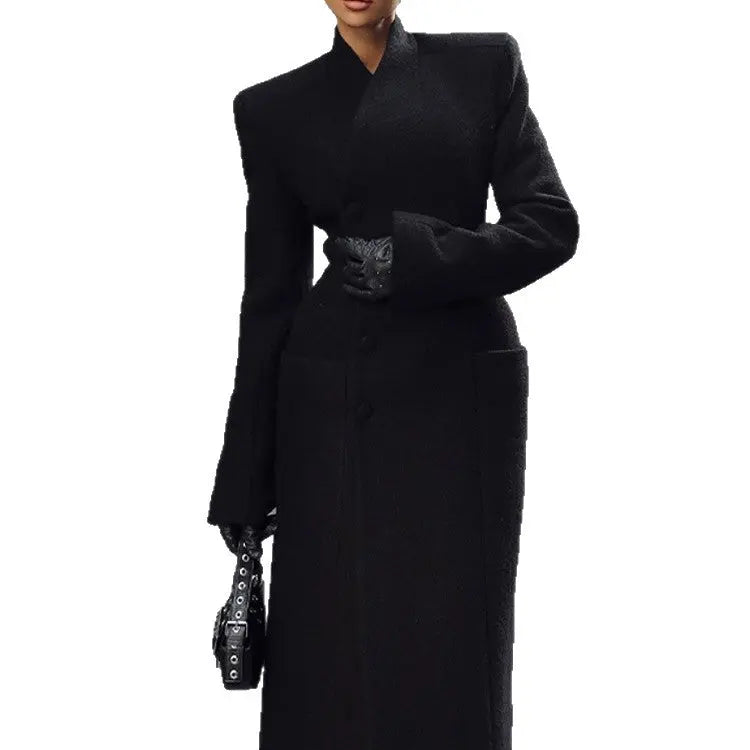 Temperament Shoulder-padded Waist-cinching Long Wool Coat For Women hercurva