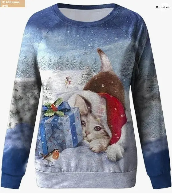Christmas European And American Women Printed Crew Neck Sweatshirt hercurva