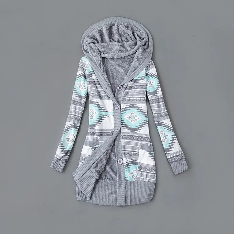Thick Printed Hooded Knitted Cardigan Jacket hercurva