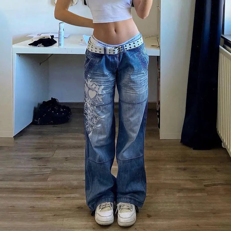 Loose Trousers Low-rise Pleated Heart-print Washed Jeans hercurva