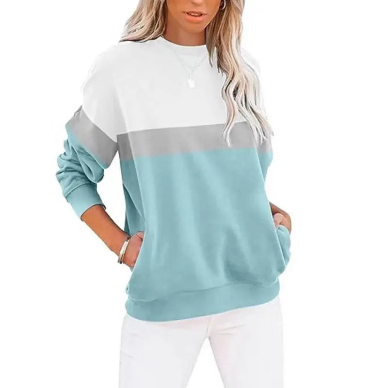 Women's Long Sleeve Color Matching Sports Sweater Round Neck Casual Pullover hercurva