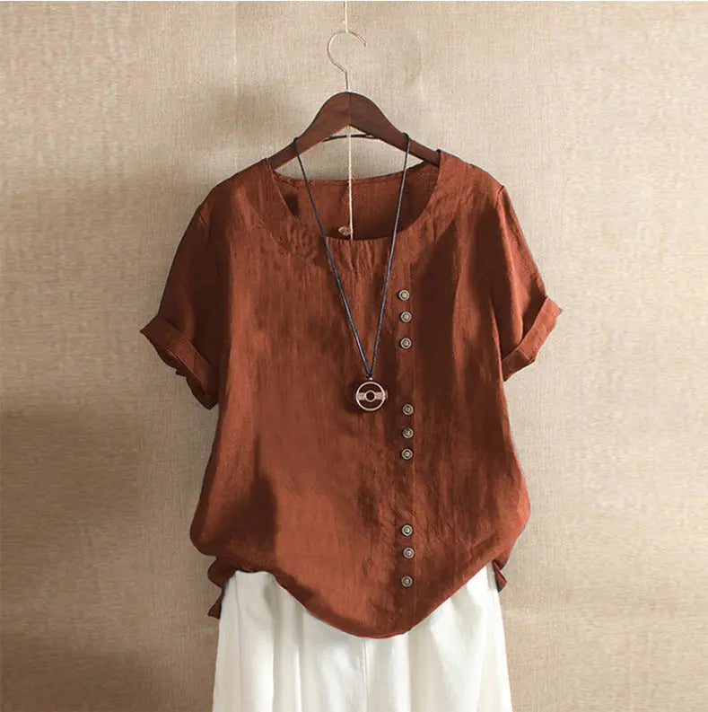 Retro Plus Size Casual Loose Cotton And Linen Short-sleeved Pullover T-shirt hercurva