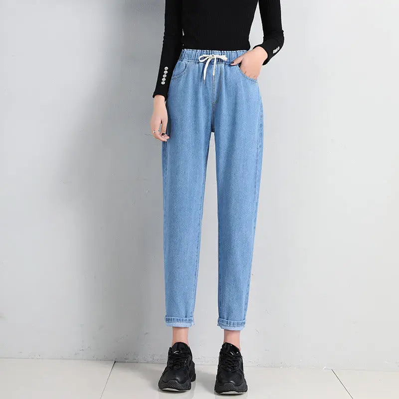 Straight Casual Elastic Waist Lace-up High-waist Jeans Women's Loose Pants hercurva
