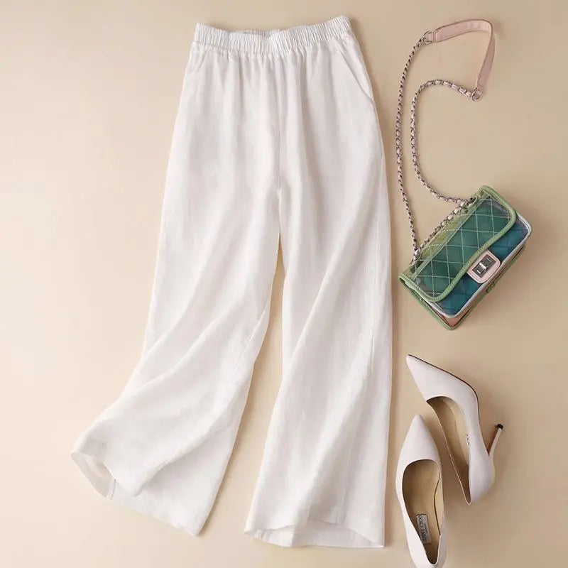 Asian Cotton Wide Leg Pants Solid Color Women's Ninth Point hercurva