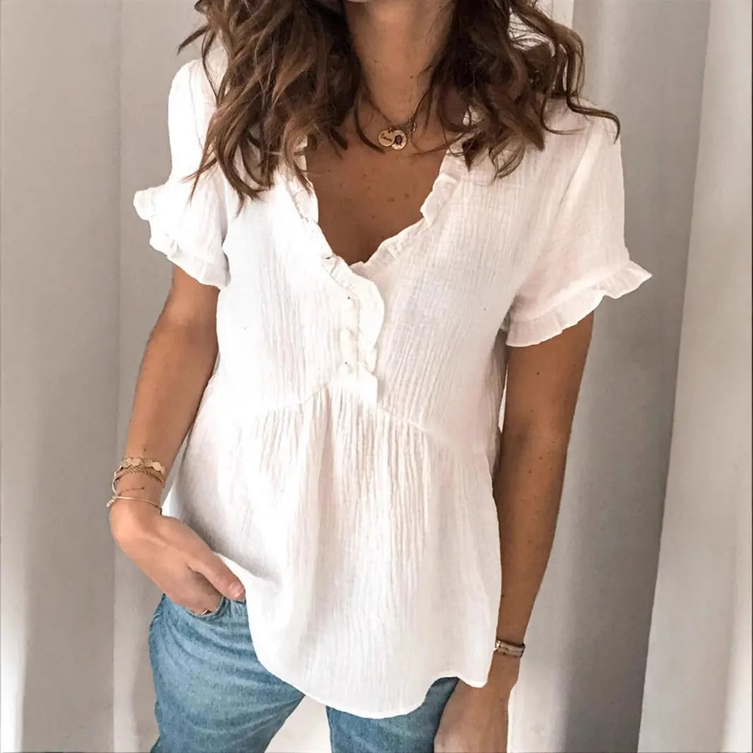 Women's Casual Loose Solid-color Patchwork Short-sleeve Shirt Top hercurva