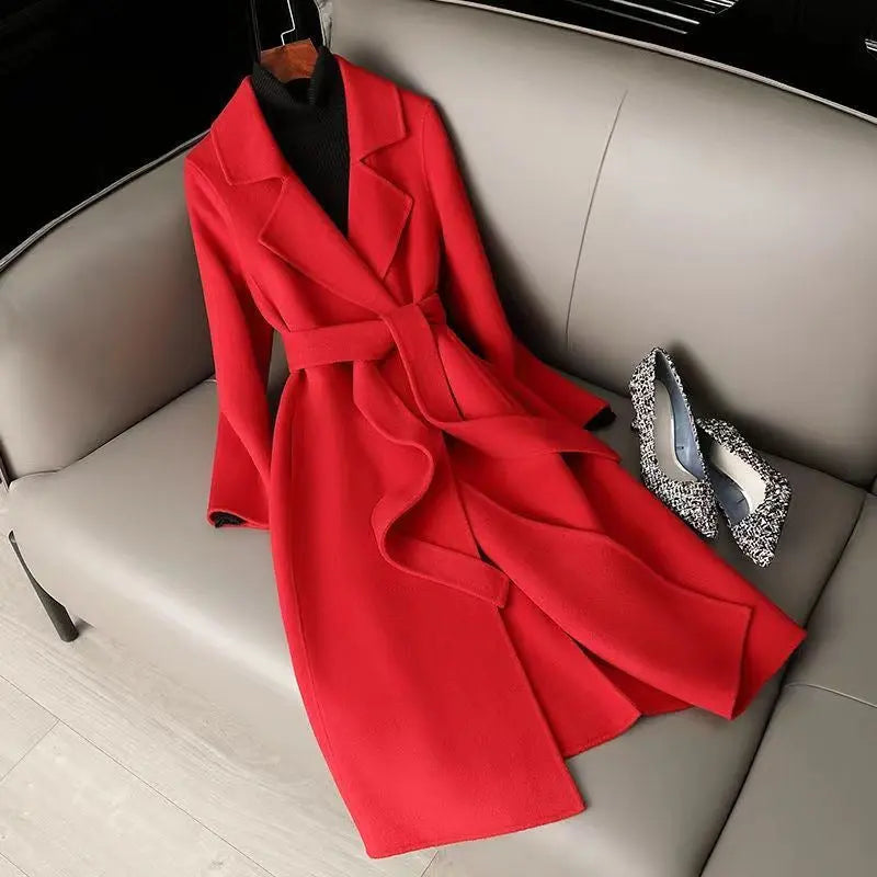 Mid-length Below The Knee Slim Fit Lace-up Woolen Coat High-end Woolen Coat hercurva