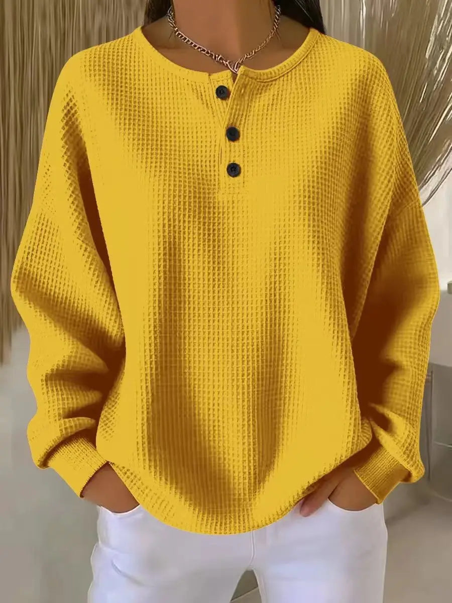 Round Neck Waffle Solid Color Pullover Loose Top hercurva