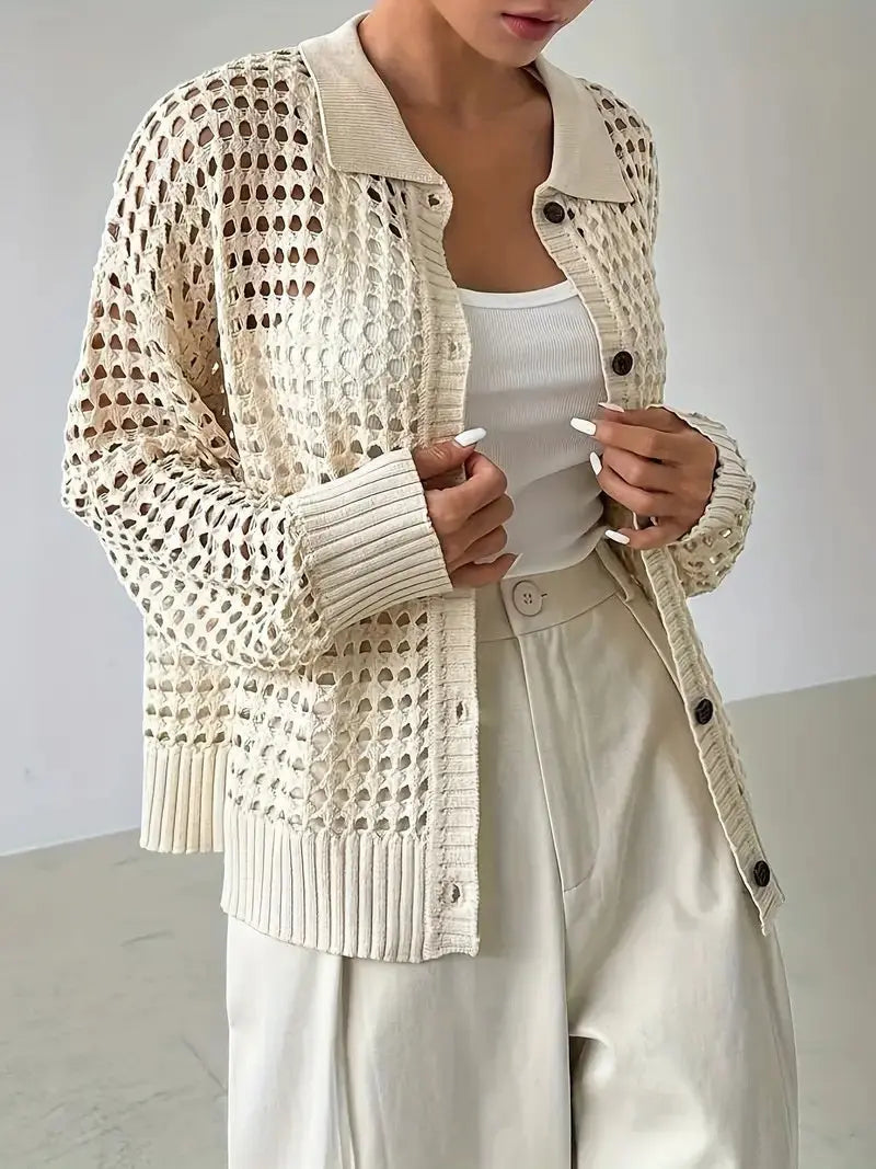 Hollow Single-breasted Lapel Oversized Knit Cardigan hercurva