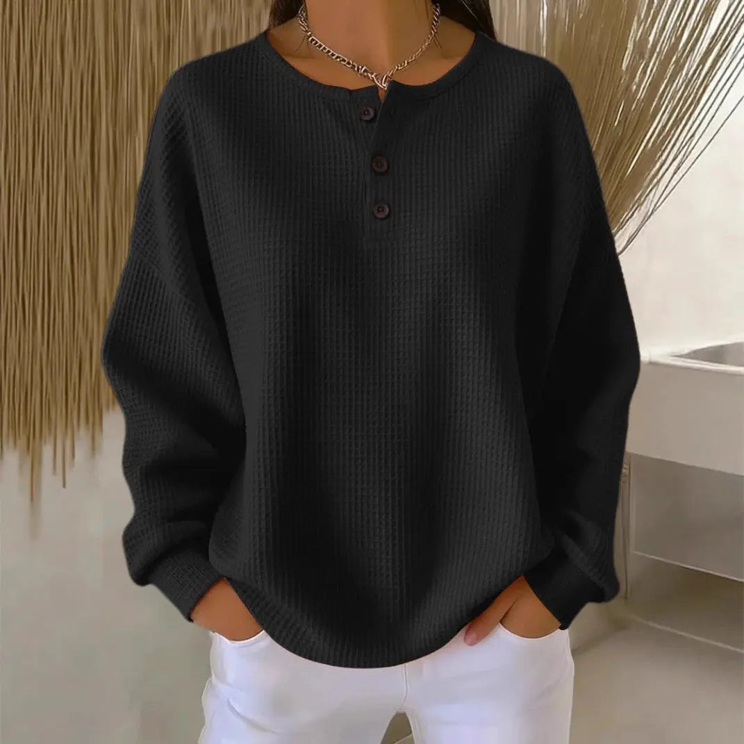 Round Neck Waffle Solid Color Pullover Loose Top hercurva