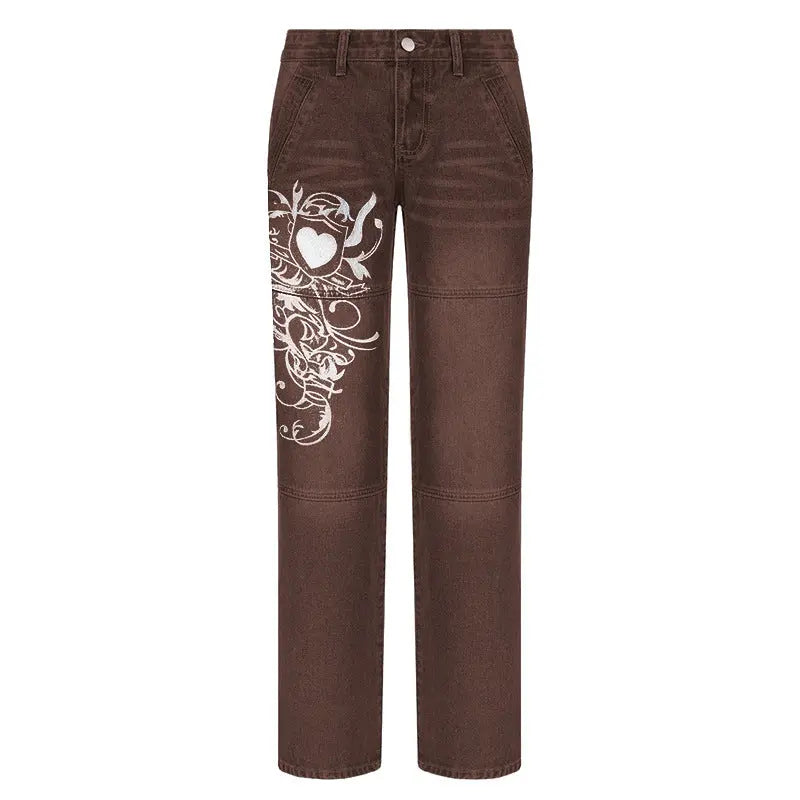 Loose Trousers Low-rise Pleated Heart-print Washed Jeans hercurva