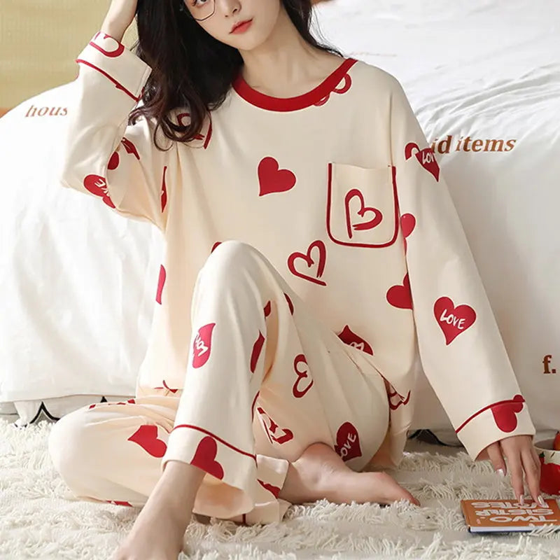 Loose Print Pajamas Women Autumn Winter Pyjama Set Long Sleeves And Trousers Elegant Sleepwear Girl Loungewear Home Clothes hercurva