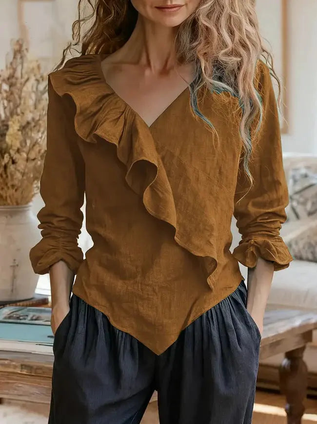 Womens Solid-Color V-Neck Casual Top With Ruffle Long Sleeves hercurva
