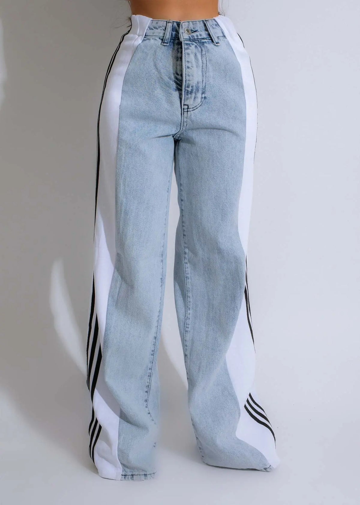 Fashion Casual High Waist Elastic Straight Leg Trousers Three Stripe Patchwork Denim Wide Leg Pants Streetwear hercurva