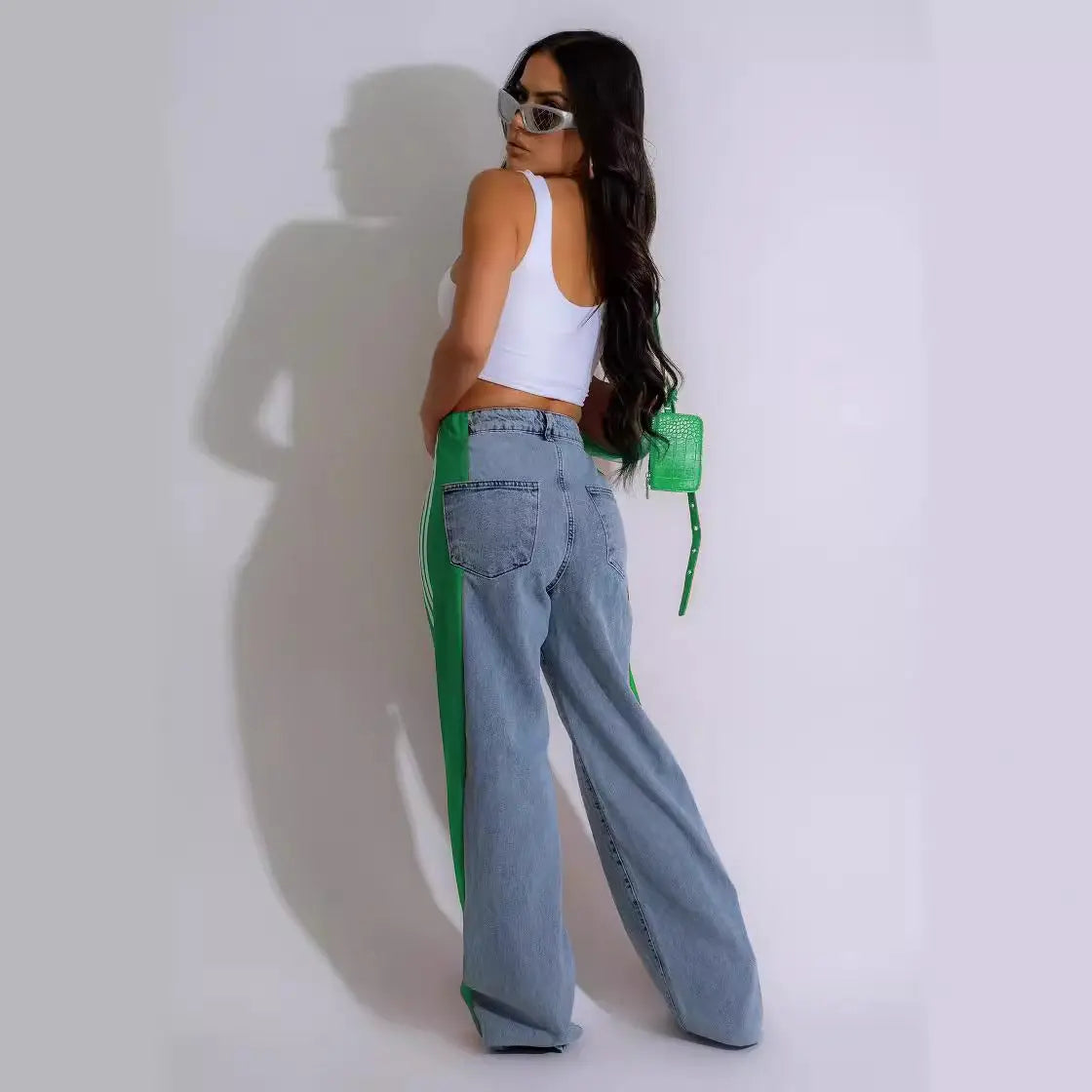 Fashion Casual High Waist Elastic Straight Leg Trousers Three Stripe Patchwork Denim Wide Leg Pants Streetwear hercurva