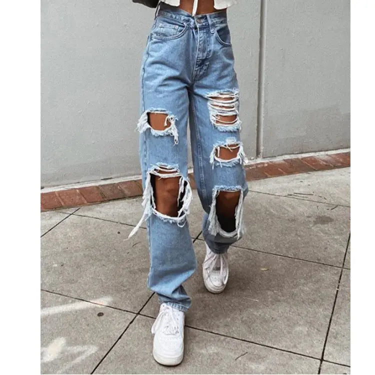 Women's American Retro Hole-punched Jeans Women High Waist Straight-crotch Loose Slim Design High-street Vibe Wide-legged Dragging Pants hercurva