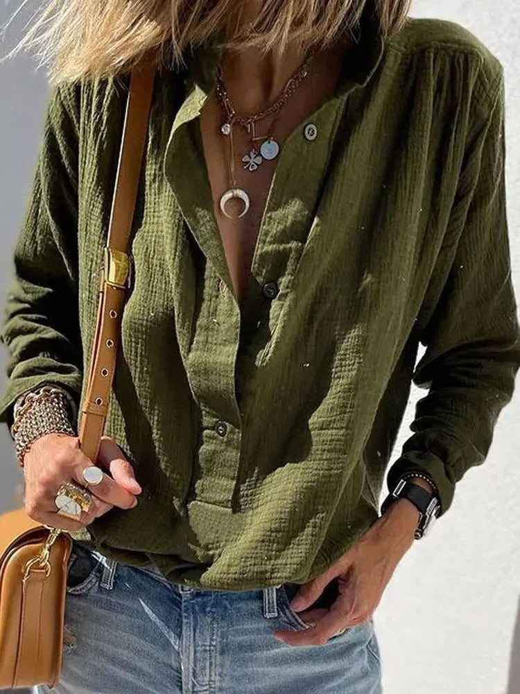 Casual Loose And Stylish Long Sleeves Cotton And Linen Solid Color Retro Button Pullover Shirt hercurva
