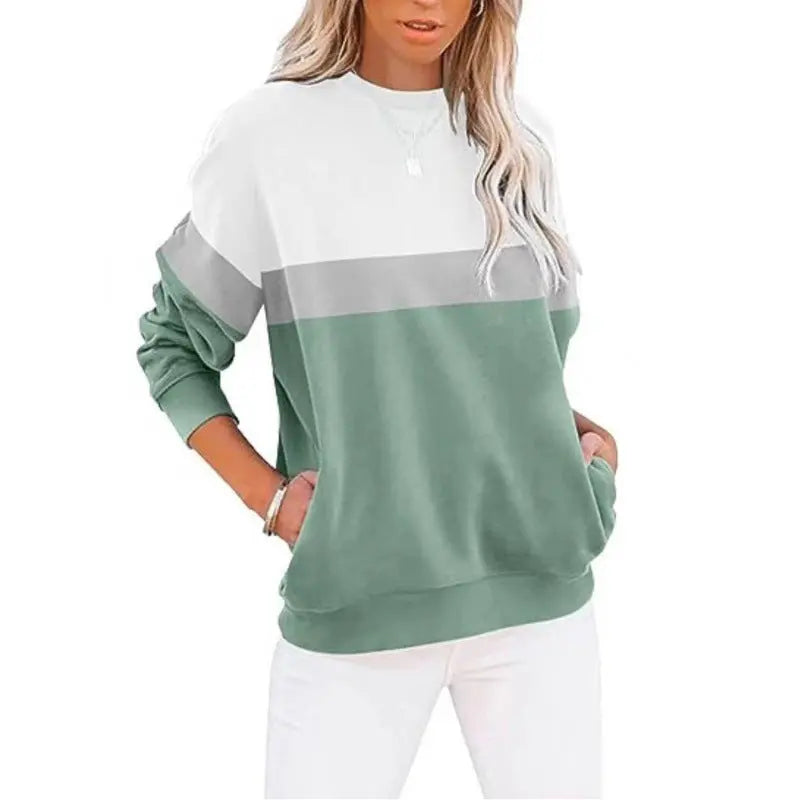 Women's Long Sleeve Color Matching Sports Sweater Round Neck Casual Pullover hercurva