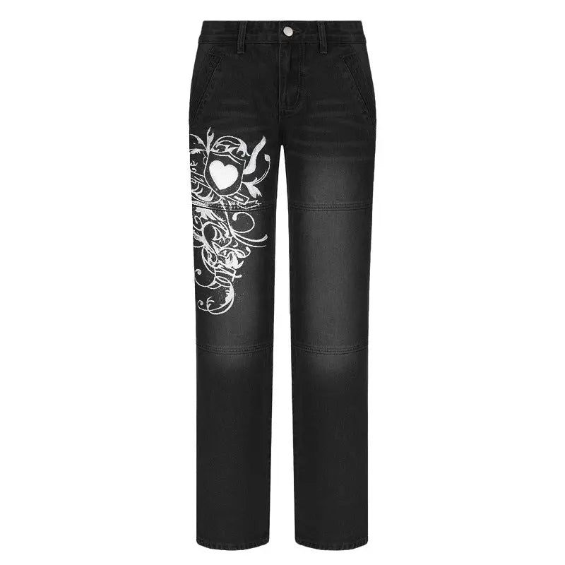 Loose Trousers Low-rise Pleated Heart-print Washed Jeans hercurva