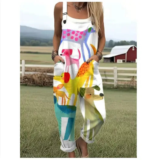 Female Digital 3D Printing Button Casual Suspender Trousers hercurva