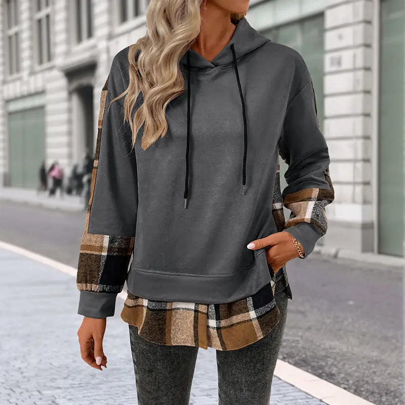 European And American Long Sleeve Plaid Colorblock Hooded Velvet Padded Sweater hercurva
