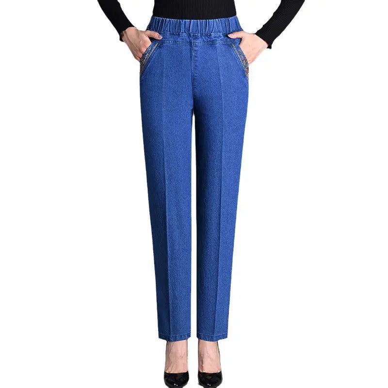 Thin Elastic High Waist Denim Straight-leg Trousers hercurva
