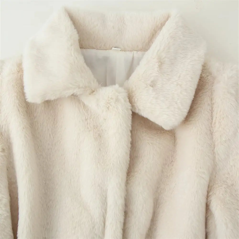 Lapel Women's Casual Slim-fit Solid Color Belt-effect Faux Fur Coat hercurva