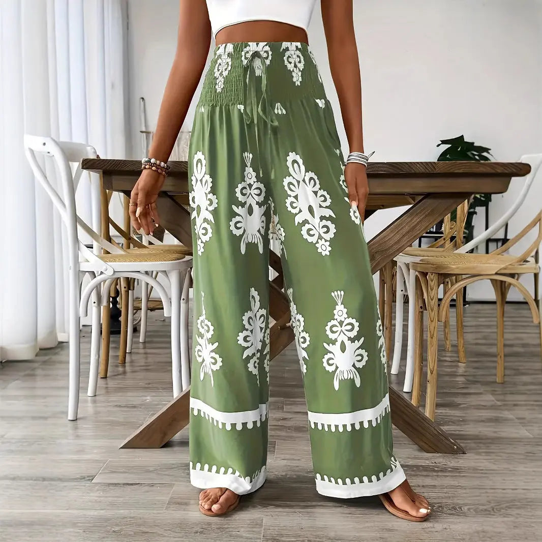 Women's 3D Pattern Lace-up Casual High Waist Print Wide-leg Pants hercurva