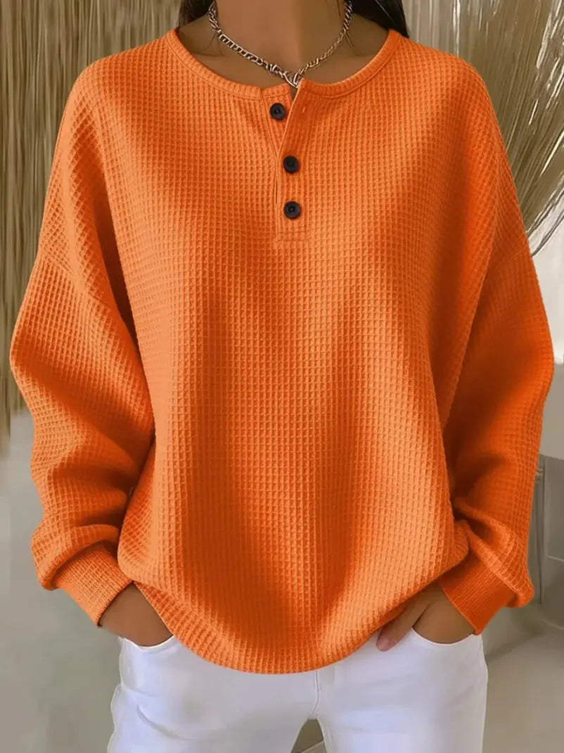 Round Neck Waffle Solid Color Pullover Loose Top hercurva