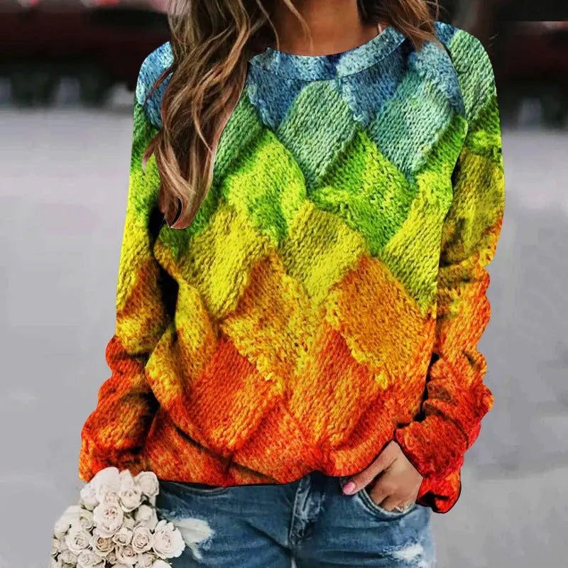 Printed Patchwork Round Neck Raglan Long Sleeve Women's Sweater hercurva
