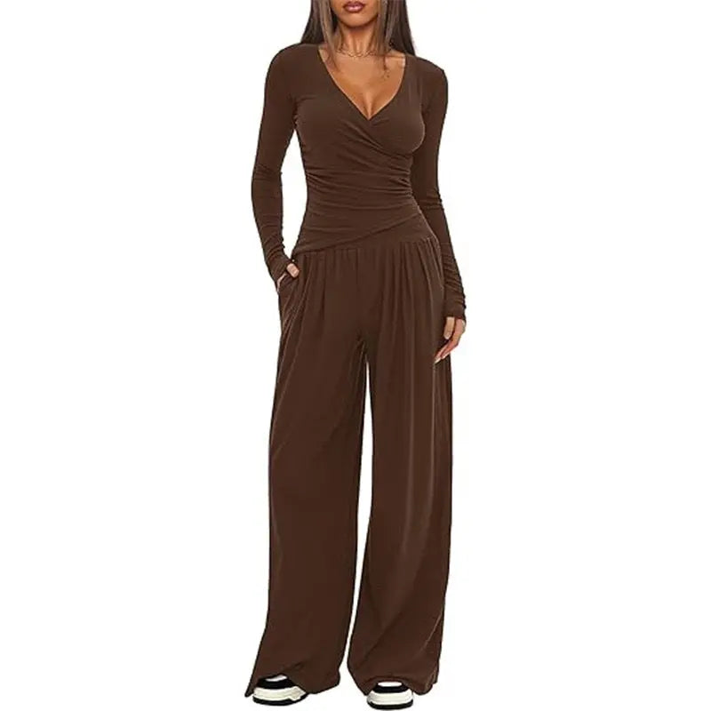 2 Pieces Women's V Neck Long-sleeve Sportswear Top And Wide-leg Pants Set Casual Comfortable Outfit Set For Daily Wear Gym Sports Outfit hercurva