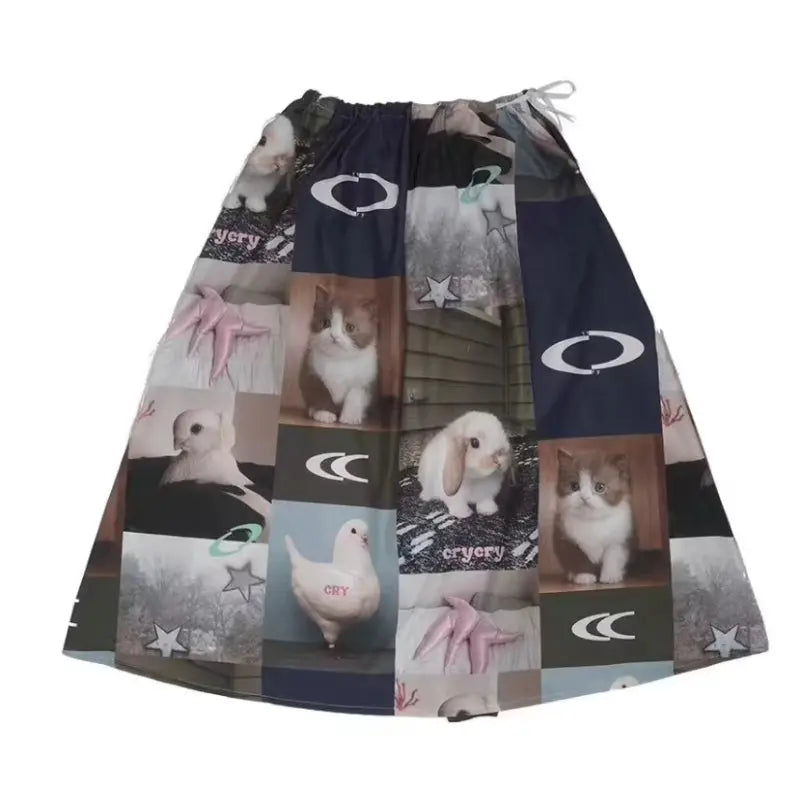 Rabbit Cat Printed Cute A Pendulum Length Skirt hercurva