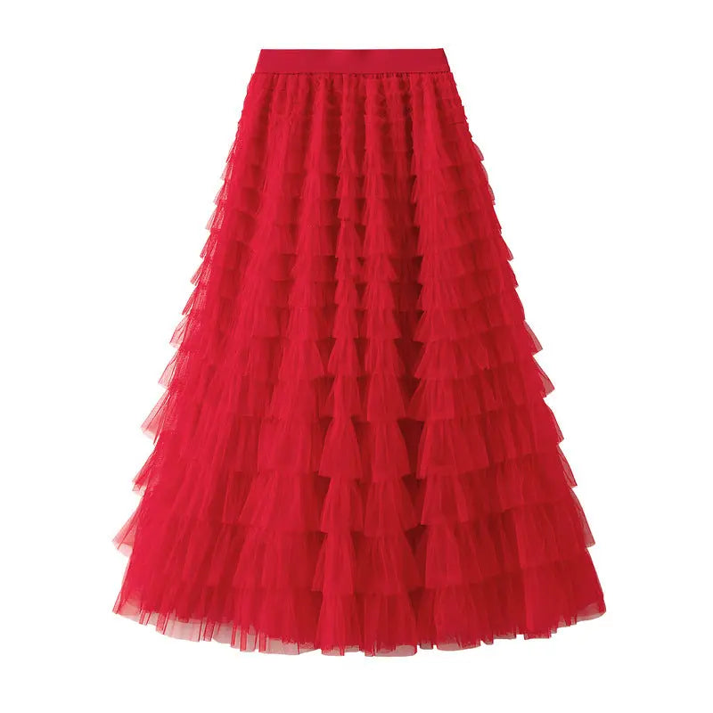 A-Line Mesh Ruffle Skirt Women's Temperament Sweet Long Skirt Slim Cupcake Dress Womens Clothing hercurva