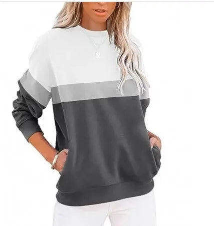 Women's Long Sleeve Color Matching Sports Sweater Round Neck Casual Pullover hercurva