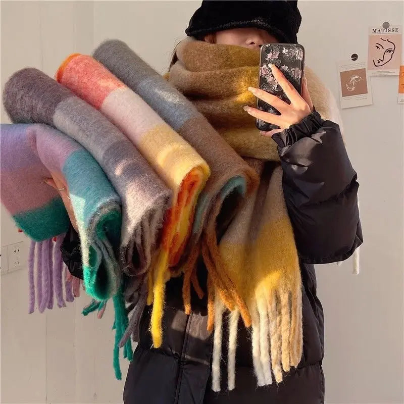 Women's Plaid Tassel Scarf Rainbow Color-blocking Shawl hercurva