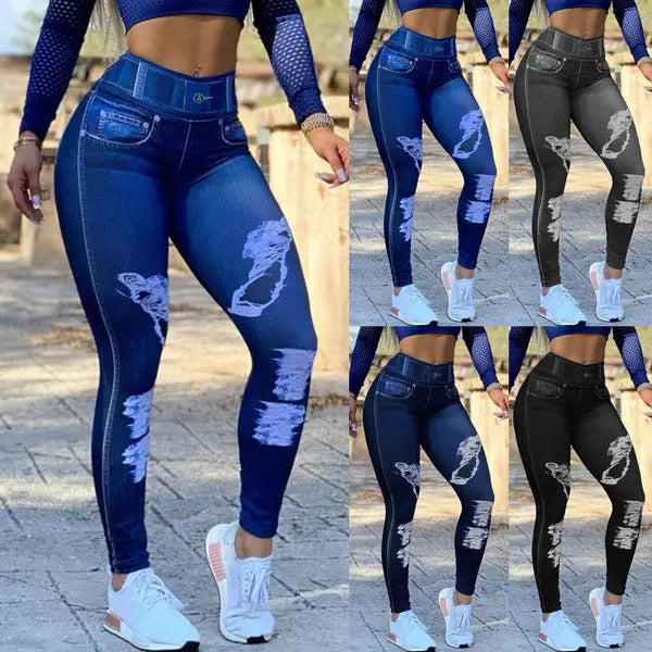 Ladies High Waist High Stretch Faux Denim Leggings hercurva