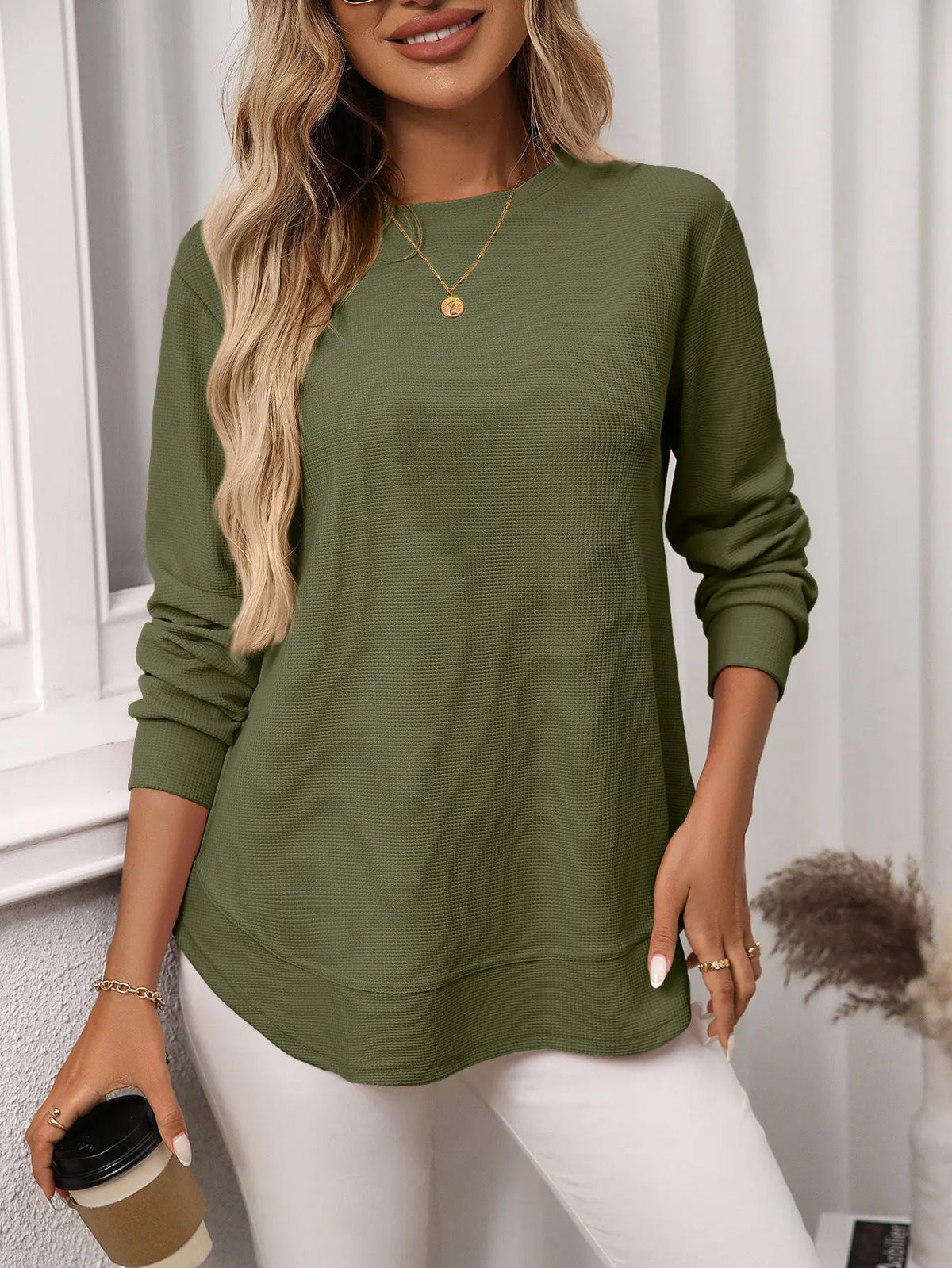 European And American Loose Waffle Casual All-match T-shirt Knitted Long Sleeve hercurva