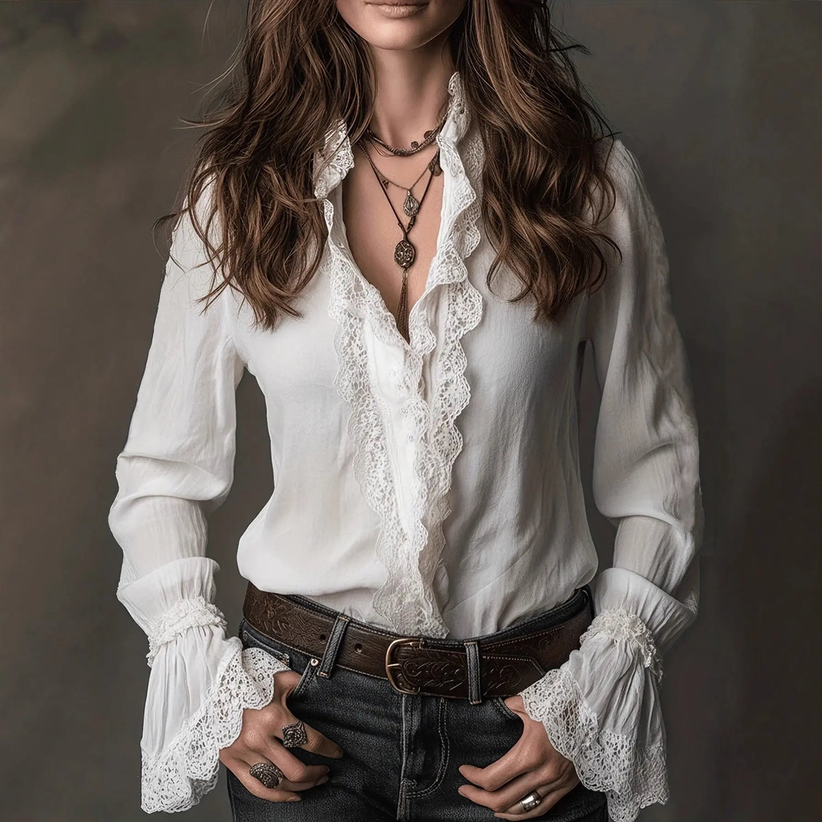Womens Solid-Color Loose-Fit Patchwork Lightweight Lace Shirt hercurva
