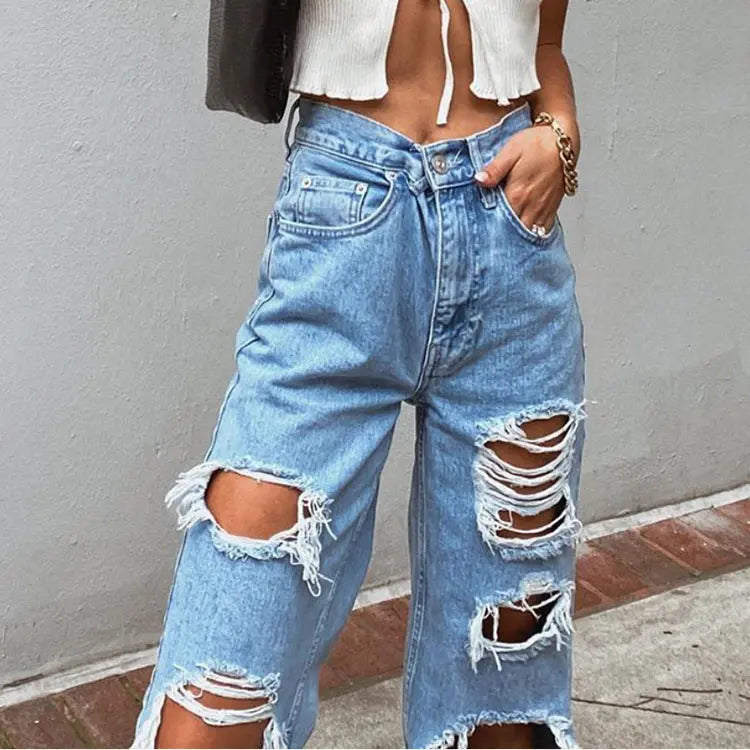 Women's American Retro Hole-punched Jeans Women High Waist Straight-crotch Loose Slim Design High-street Vibe Wide-legged Dragging Pants hercurva