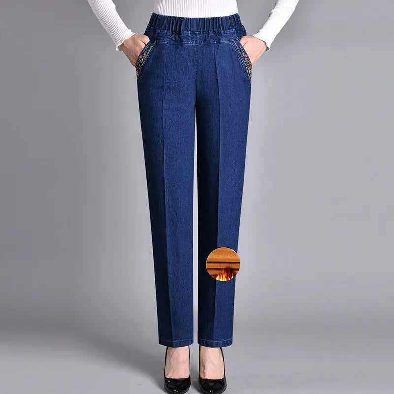 Thin Elastic High Waist Denim Straight-leg Trousers hercurva