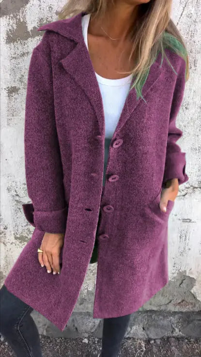 Single-breasted Polo Collar Pocket Mid-length Coat hercurva