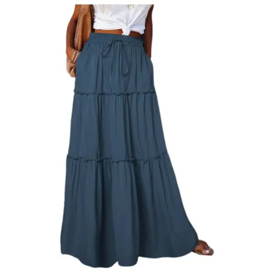 Women's Elastic High Waist A-Line Pleated Casual Maxi Dress hercurva