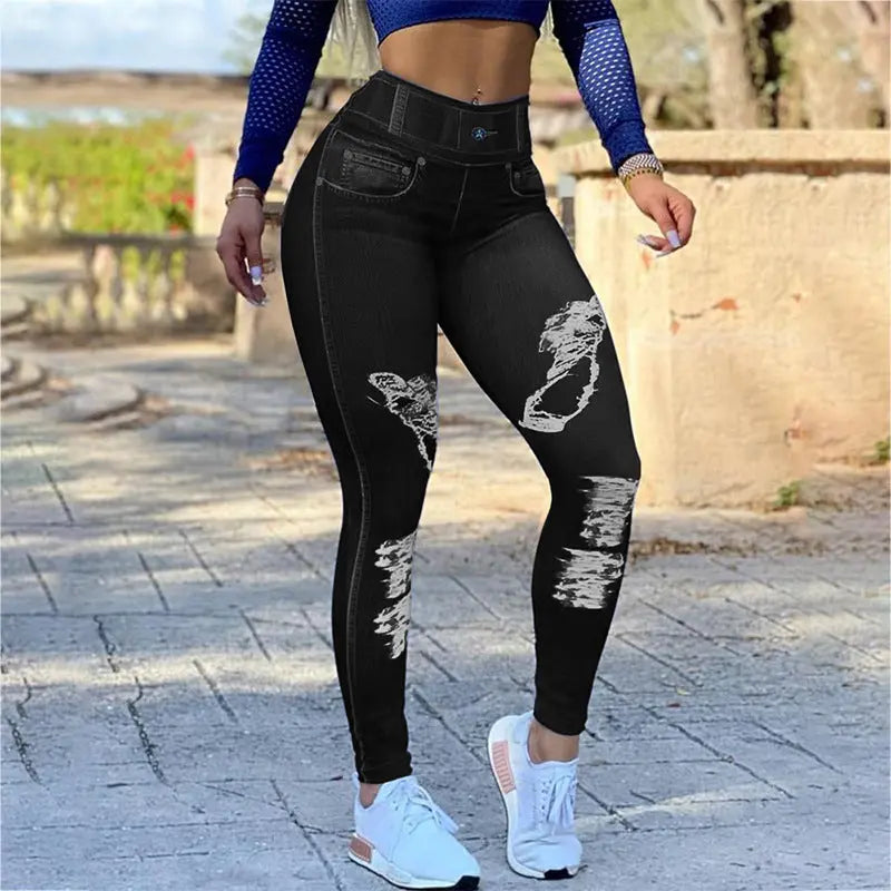 Ladies High Waist High Stretch Faux Denim Leggings hercurva