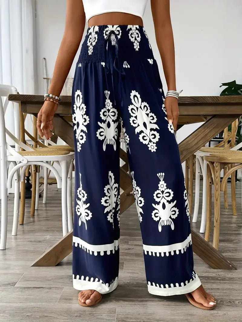 Women's 3D Pattern Lace-up Casual High Waist Print Wide-leg Pants hercurva