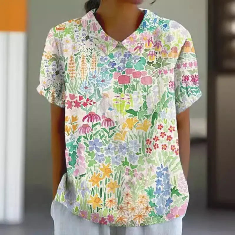 Women's Floral Stitching National Style Printing Lapel Short Sleeve hercurva
